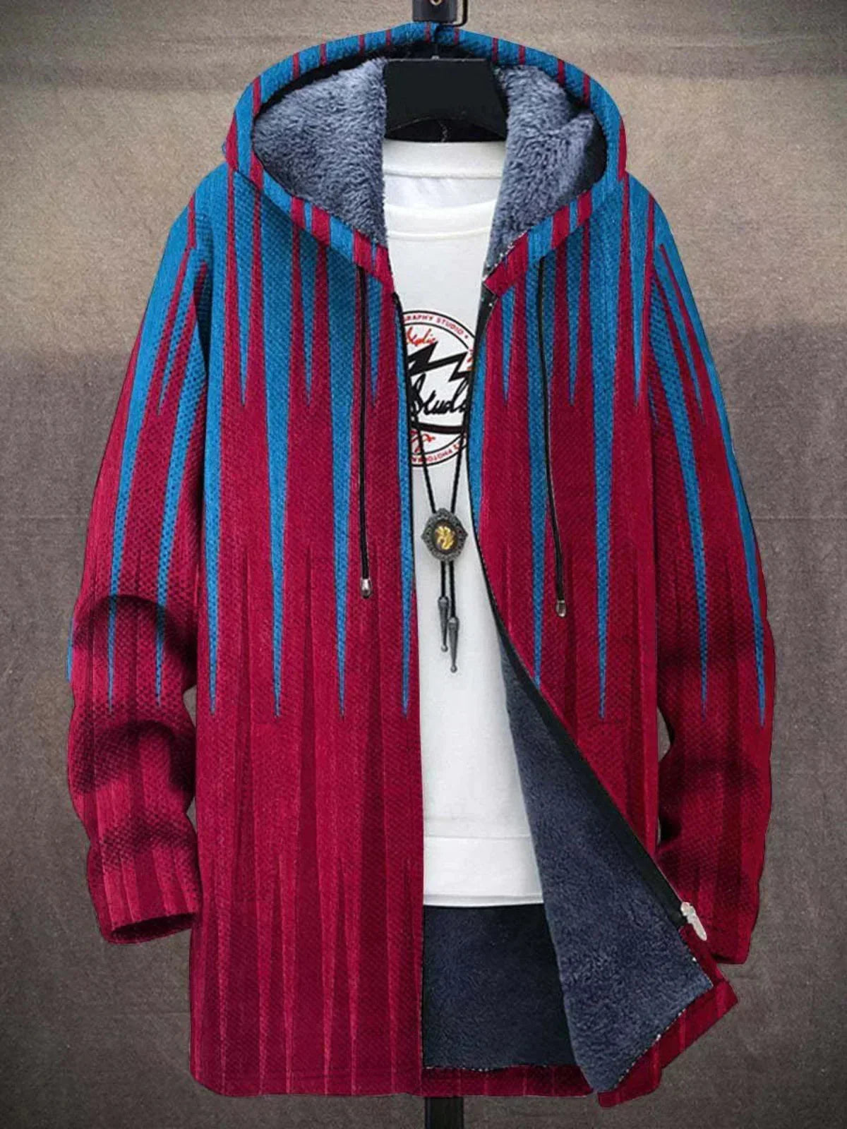Red and blue striped hooded knit cardigan with front zip and fleece lining