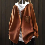 Der Ansley cozy cardigan, rust brown textured knit, button front, cowl hood, patch chest pocket