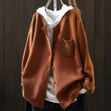 Der Ansley cozy cardigan, rust brown textured knit, button front, cowl hood, patch chest pocket