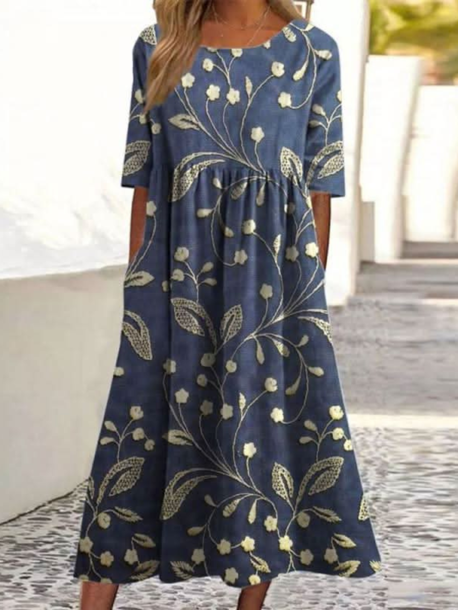 Navy midi dress with gold leaf and flower pattern, square neckline, flared skirt