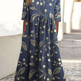 Navy midi dress with gold leaf and flower pattern, square neckline, flared skirt
