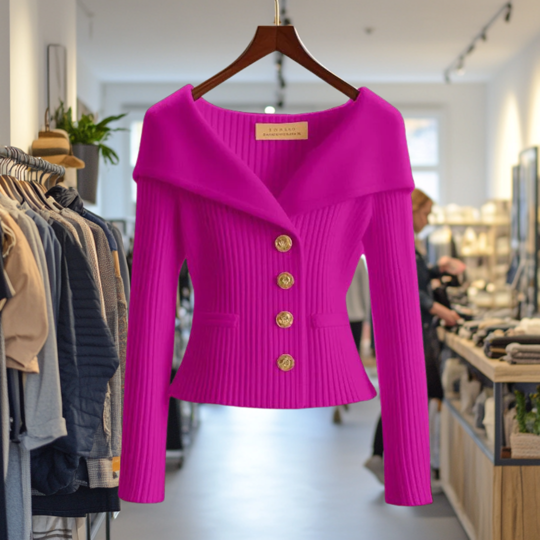 Fuchsia ribbed knit button-front top with long sleeves and peplum hem
