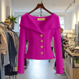 Fuchsia ribbed knit button-front top with long sleeves and peplum hem
