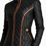 Black quilted padded jacket with stand collar, zip pockets, and tan contrast piping