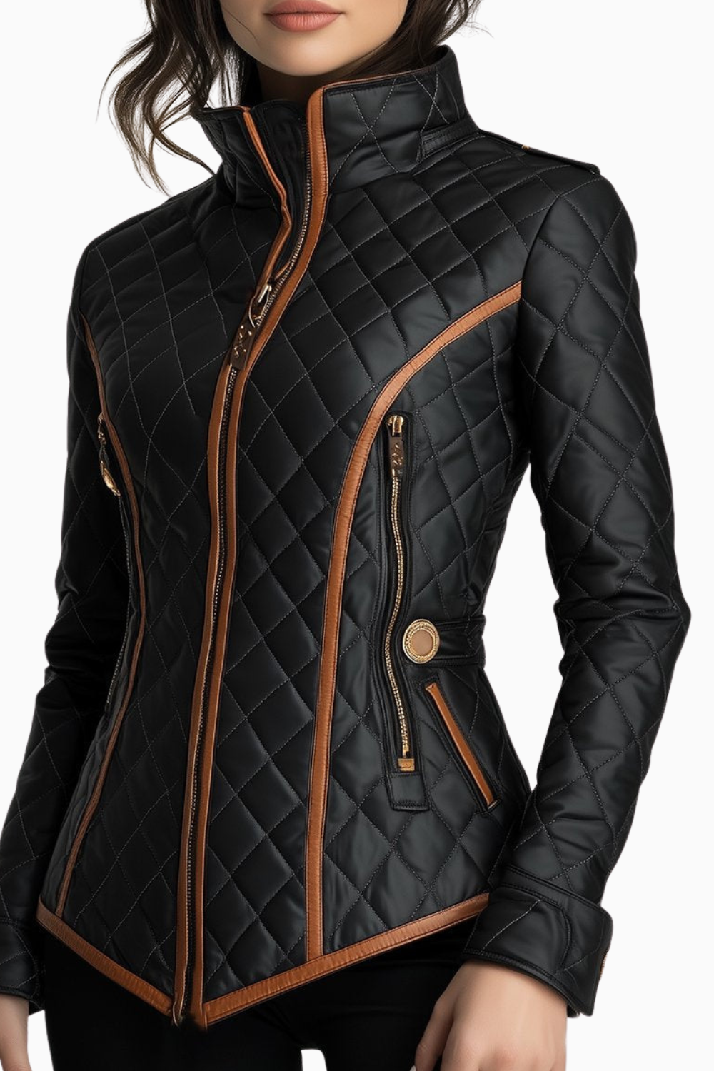 Black quilted padded jacket with stand collar, zip pockets, and tan contrast piping