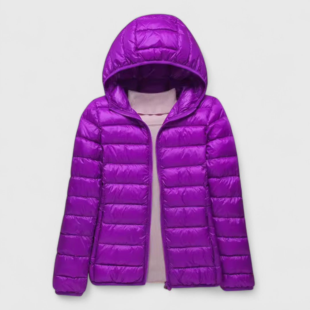 Ultralight puffer jacket with hood, purple, full front zip
