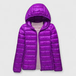 Ultralight puffer jacket with hood, purple, full front zip