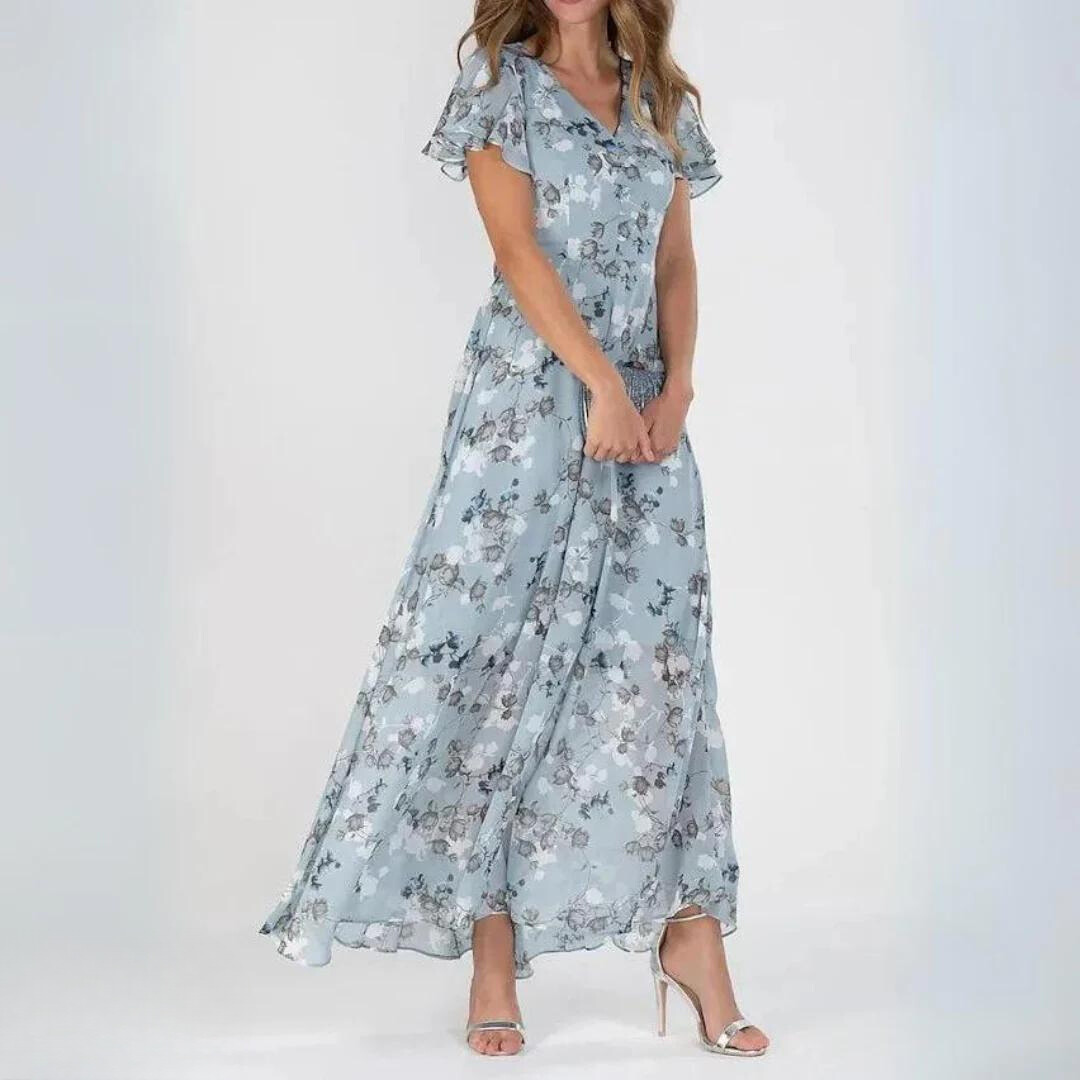 Light blue floral midi dress with V-neck bodice and gathered tiered skirt