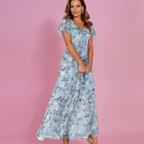 Light blue floral midi dress with V-neck and flutter sleeves
