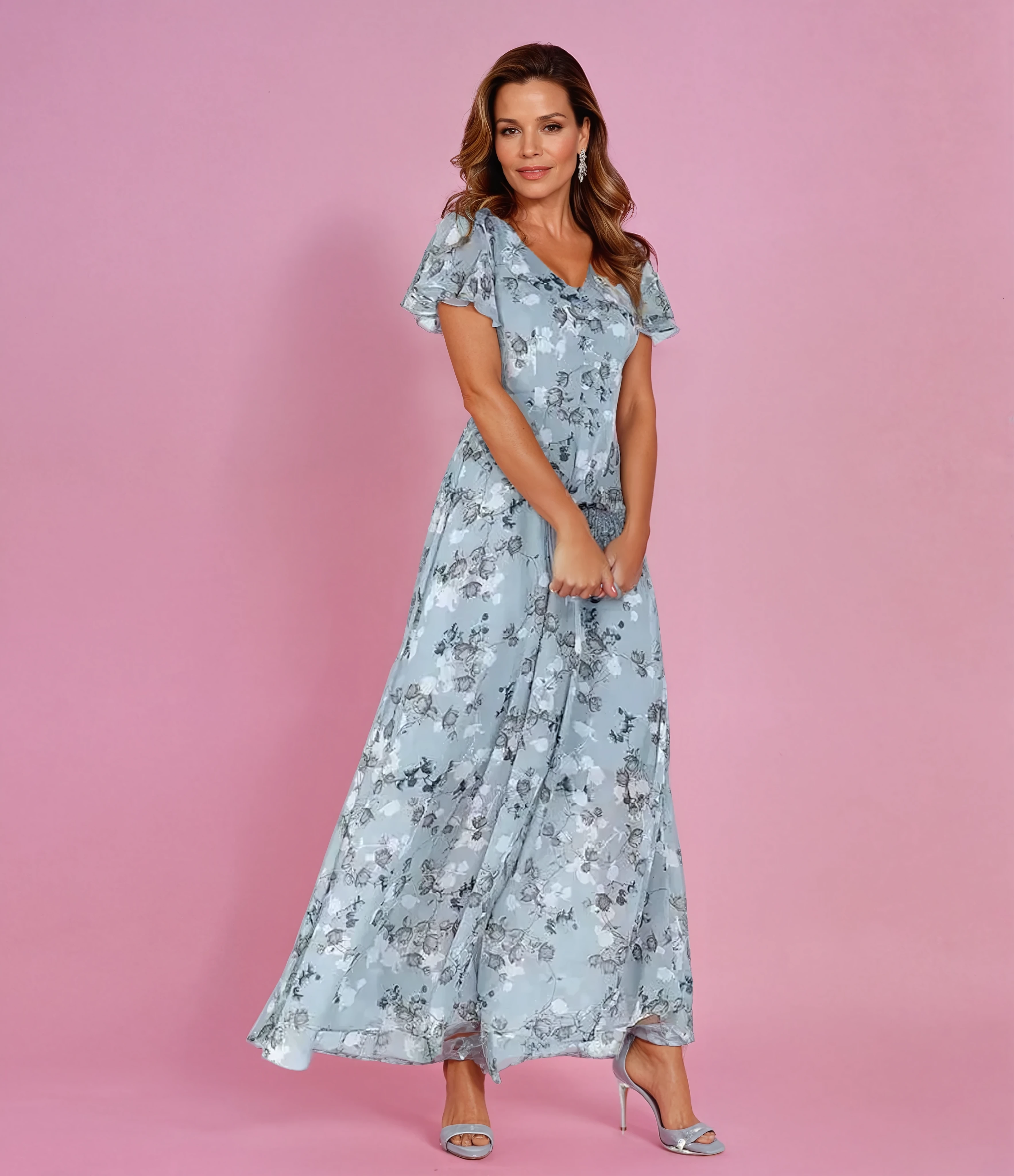 Light blue floral midi dress with V-neck and flutter sleeves