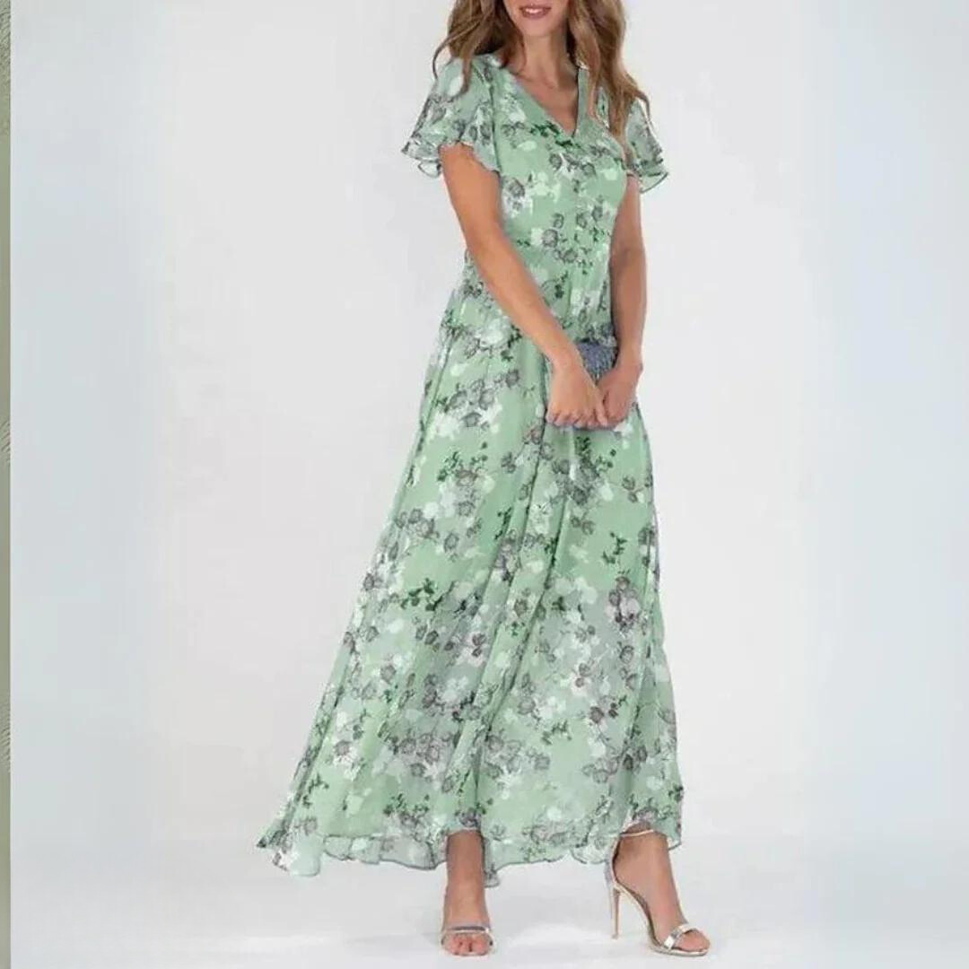 Green floral midi dress with V-neck and flutter sleeves, tiered A-line skirt