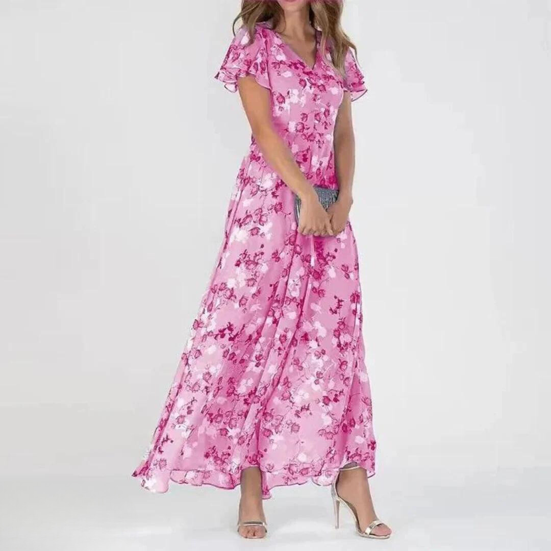 Pink floral midi dress with V-neck and flutter short sleeves, fitted waist