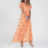 Peach orange floral midi dress with V-neck and flutter short sleeves, tiered skirt