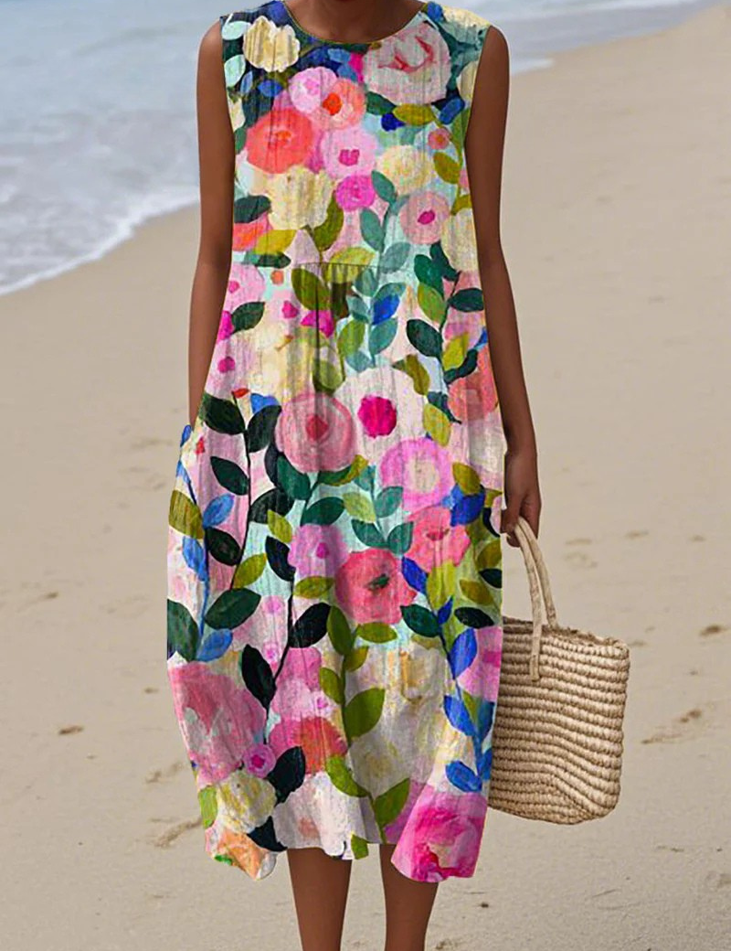 Artistic beach dress, sleeveless knee-length with multicolor floral print and round neckline