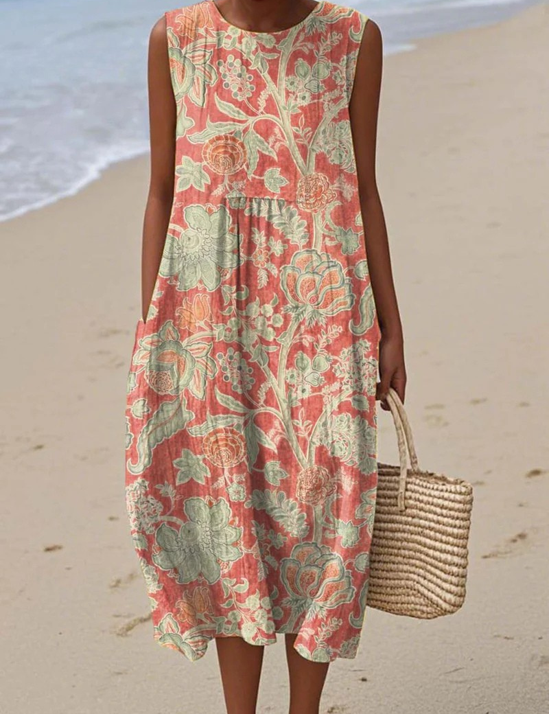 Artistic beach dress, sleeveless midi with coral and green botanical print