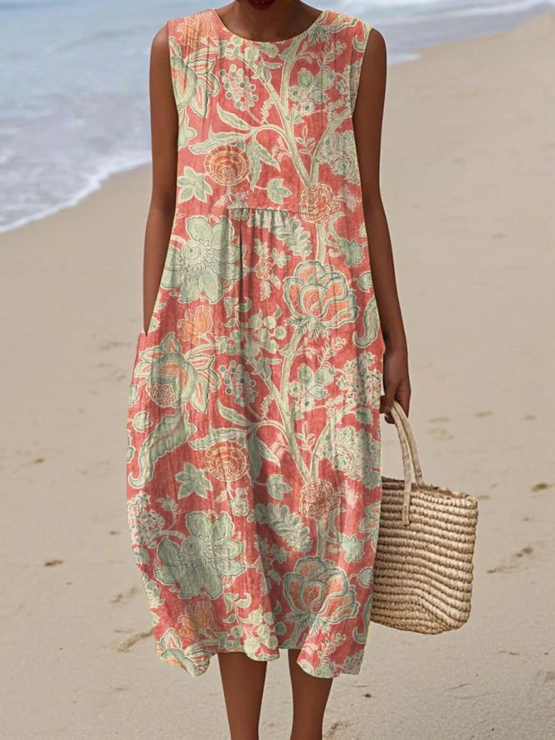 Artistic beach dress, sleeveless midi with coral and green botanical print