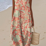 Artistic beach dress, sleeveless midi with coral and green botanical print