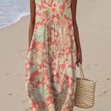 Artistic beach dress, sleeveless midi with coral and green botanical print