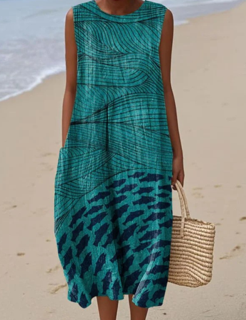 Artistic beach dress, sleeveless teal abstract print with round neckline, knee length