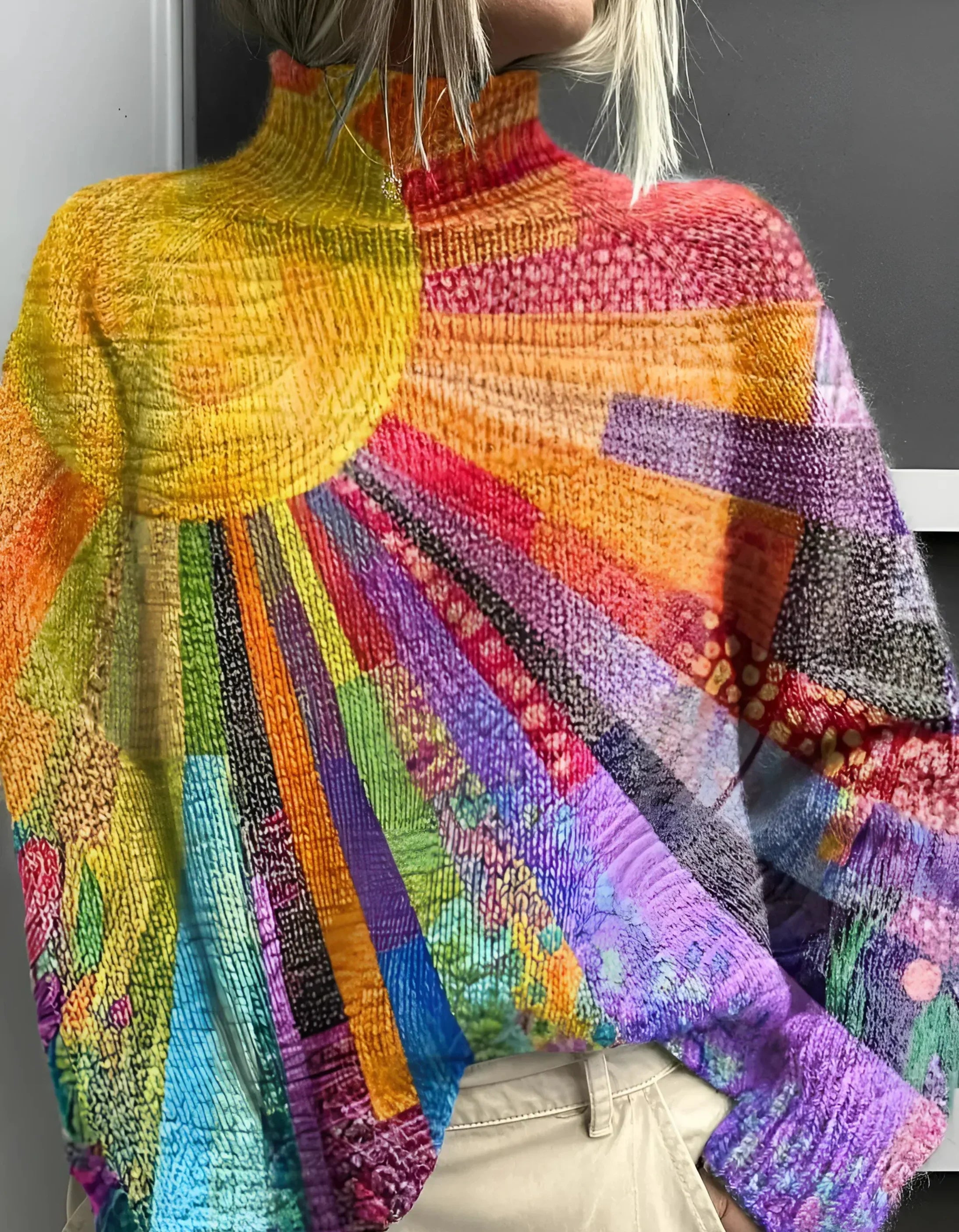 Ada multicolor striped turtleneck knit sweater with long sleeves, visible knit texture