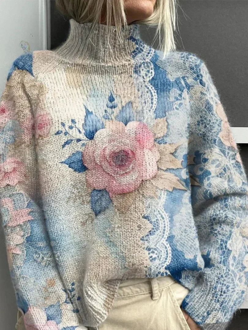 Floral lace-knit turtleneck sweater in light blue and pink with long sleeves