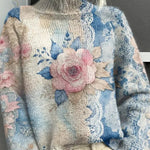 Floral lace-knit turtleneck sweater in light blue and pink with long sleeves