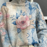 Floral lace-knit turtleneck sweater in light blue and pink with long sleeves