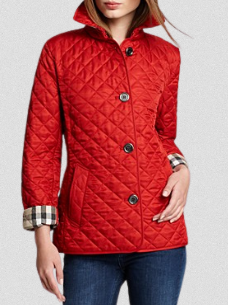 Red quilted hooded jacket with diamond pattern, button front, plaid inner cuffs