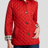 Red quilted hooded jacket with diamond pattern, button front, plaid inner cuffs