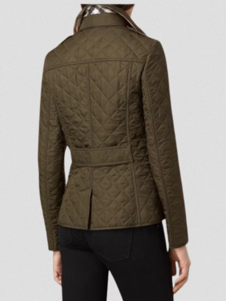 Olive green quilted fall jacket with back yoke seam and belt detail