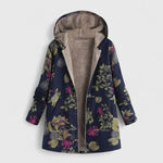Navy floral winter coat with hood, zip-front, beige fleece lining