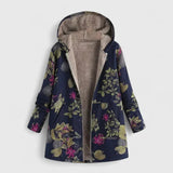 Navy floral winter coat with hood, zip-front, beige fleece lining