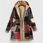 Patchwork winter coat with hood, zip-front, beige sherpa lining