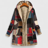 Patchwork winter coat with hood, zip-front, beige sherpa lining