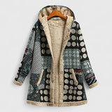 Patterned winter coat with hood, zip-front, beige sherpa lining