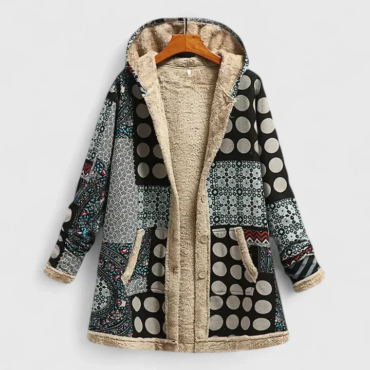 Patterned winter coat with hood, zip-front, beige sherpa lining
