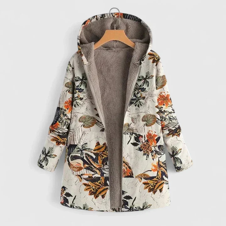 Floral winter coat with hood, zip-front, beige fleece lining