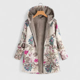 Floral winter coat with hood, zip-front, gray fleece lining