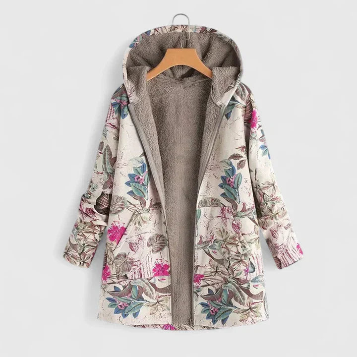 Floral winter coat with hood, zip-front, gray fleece lining
