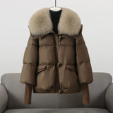 Brown puffer jacket with beige faux fur collar, front zip and flap pockets