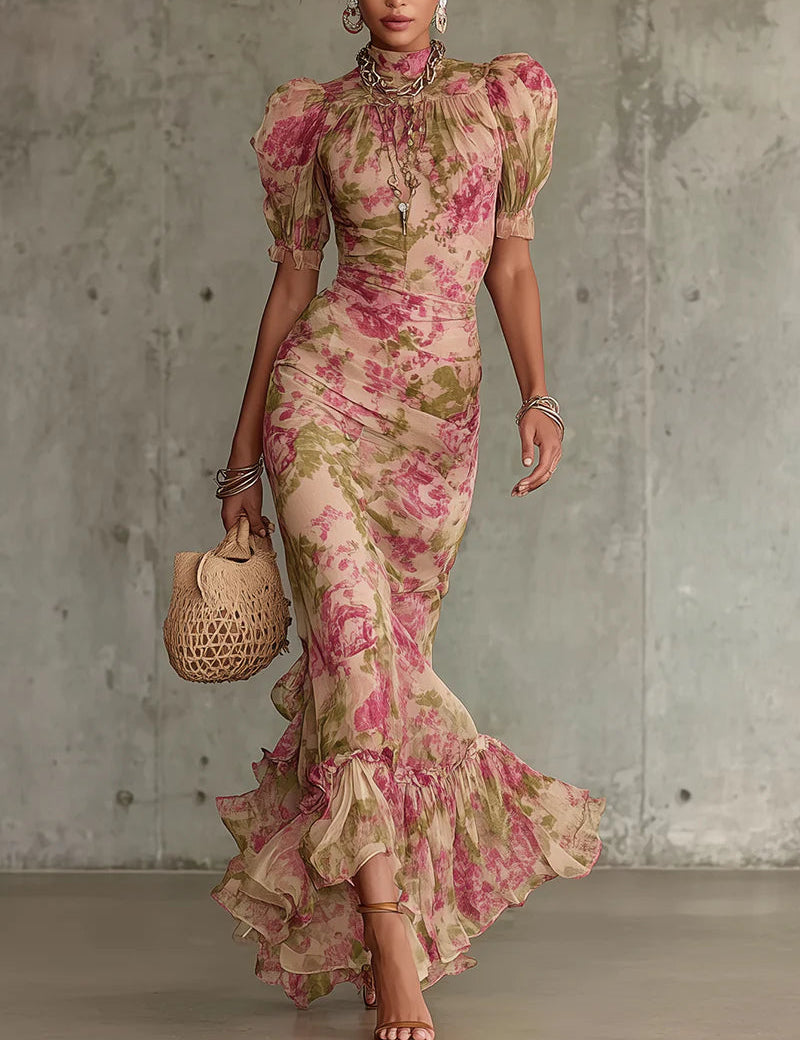 Retro floral maxi dress with puff sleeves, high neck, fitted bodice, ruffled hem