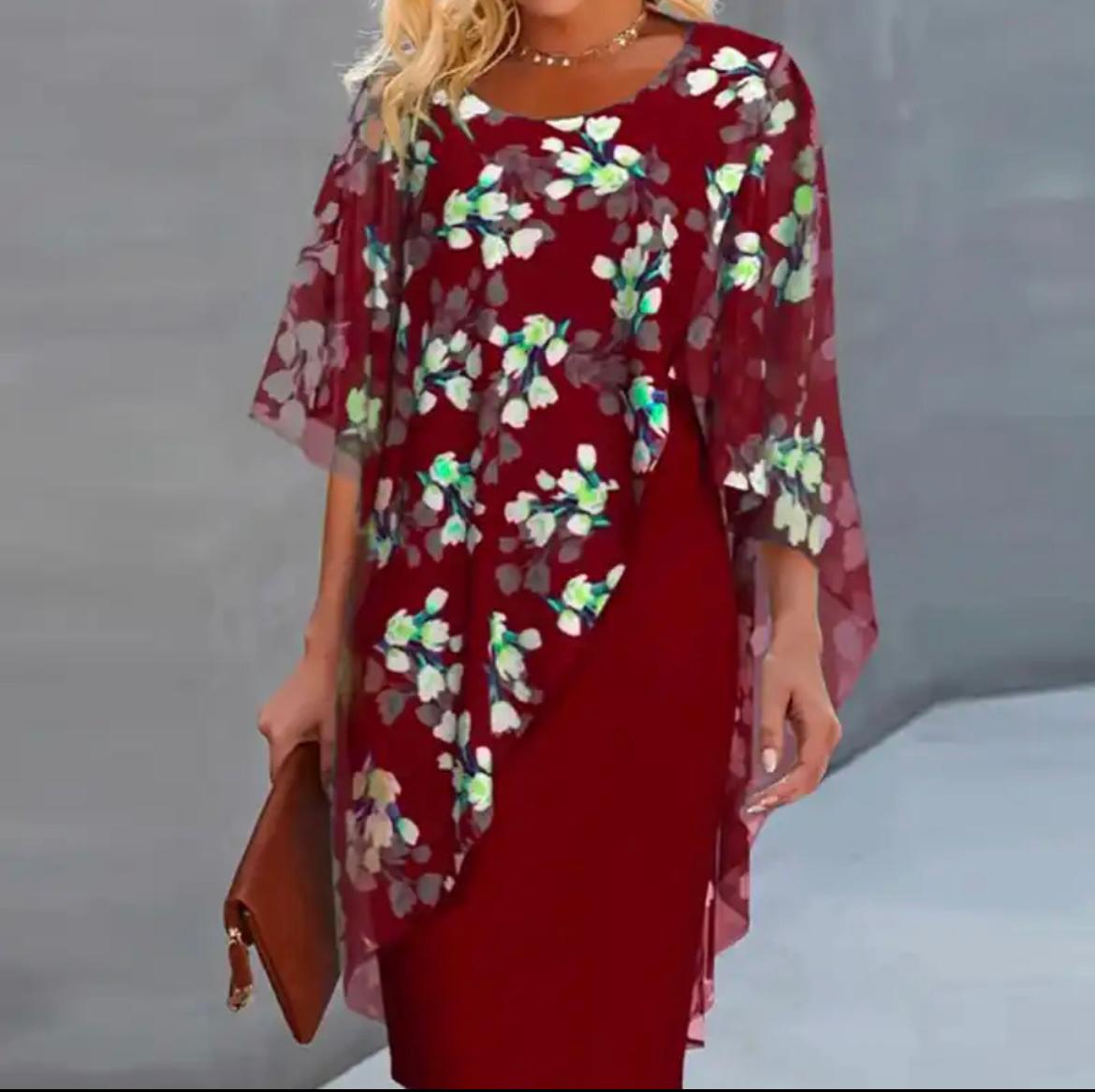 Floral dress with sheer cape sleeves, burgundy red base and multicolor blossoms
