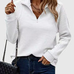 White ribbed half-zip knit sweater with long sleeves.