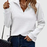 White ribbed half-zip knit sweater with long sleeves.