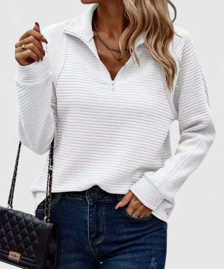White ribbed half-zip knit sweater with long sleeves.
