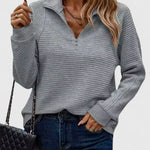 Gray ribbed half-zip knit sweater with long sleeves.
