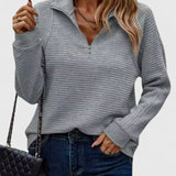 Gray ribbed half-zip knit sweater with long sleeves.