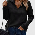 Black ribbed half-zip knit sweater with long sleeves.