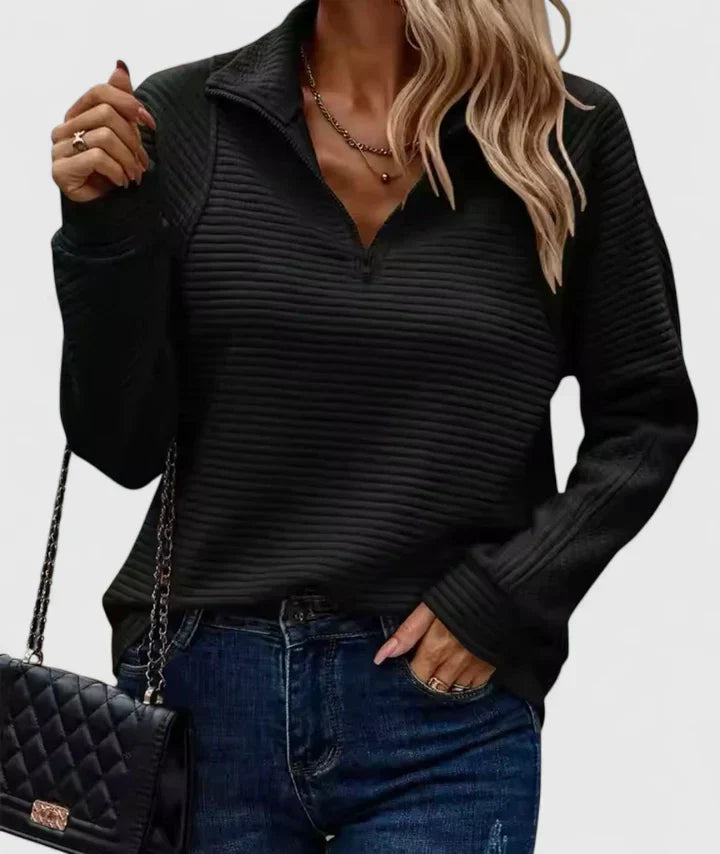 Black ribbed half-zip knit sweater with long sleeves.