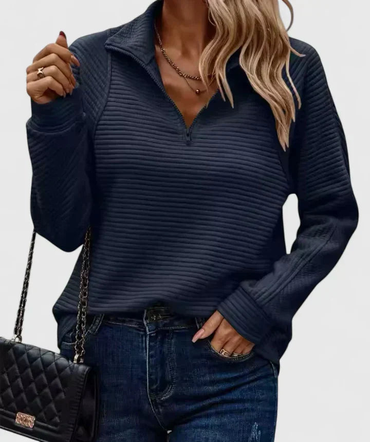 Dark navy ribbed half-zip knit sweater with long sleeves.